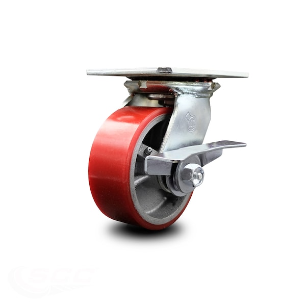 5 Inch Heavy Duty Red Poly on Cast Iron Caster with Ball Bearing and Brake SCC